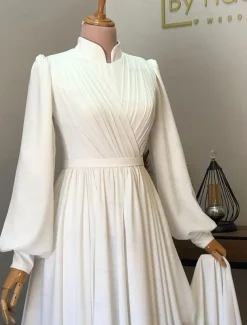 Hall Vintage 1940s / 1950s Casual Wedding Dresses A-Line High Neck Long Sleeve Court Train Chiffon Bridal Gowns With Pleats Solid Color