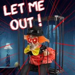 Halloween Animated Decoration, 1pc Motion-Sensor Activated Screaming Clown in Cage with Light-Up Eyes, Spooky Prisoner Ghost Prop for Indoor/Outdoor Decor, Plastic, No Batteries, AA Battery Operated (