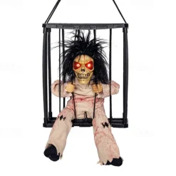 Halloween Animated Decoration, 1pc Motion-Sensor Activated Screaming Clown in Cage with Light-Up Eyes, Spooky Prisoner Ghost Prop for Indoor/Outdoor Decor, Plastic, No Batteries, AA Battery Operated (