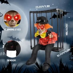 Halloween Animated Decoration, 1pc Motion-Sensor Activated Screaming Clown in Cage with Light-Up Eyes, Spooky Prisoner Ghost Prop for Indoor/Outdoor Decor, Plastic, No Batteries, AA Battery Operated (
