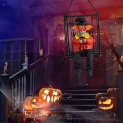 Halloween Animated Decoration, 1pc Motion-Sensor Activated Screaming Clown in Cage with Light-Up Eyes, Spooky Prisoner Ghost Prop for Indoor/Outdoor Decor, Plastic, No Batteries, AA Battery Operated (