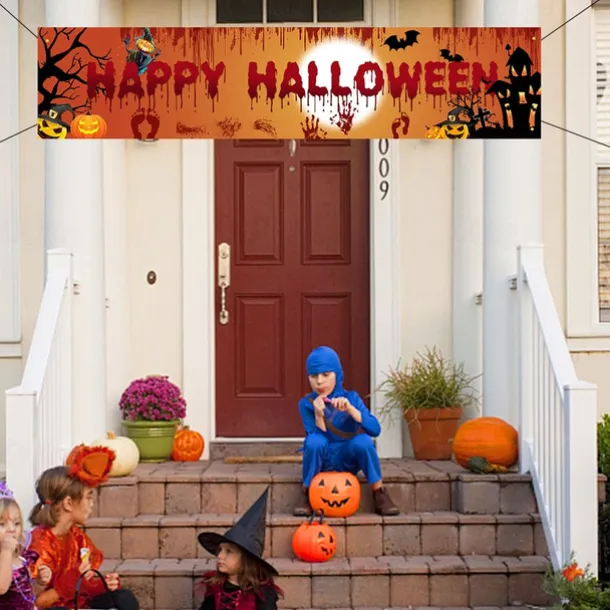 Halloween Banner Decoration Outdoor Banner Hanging Banner Front Door Porch Courtyard Sign Indoor Home Wall Decoration Halloween Party Welcome Sign