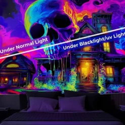 Halloween Blacklight Wall Tapestry – UV Reactive Haunted House with Glowing Skull, Neon Colors Spooky Graveyard Scene, Glow in the Dark Gothic Wall Hanging for 2025 Halloween Decoration