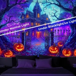 Halloween Blacklight Wall Tapestry – UV Reactive Haunted House with Glowing Skull, Neon Colors Spooky Graveyard Scene, Glow in the Dark Gothic Wall Hanging for 2025 Halloween Decoration