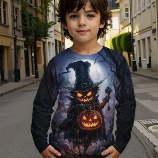 Halloween Boys 3D Graphic Cartoon Pumpkin T shirt Tee Long Sleeve Spring Fall Fashion Basic Polyester Kids 4-12 Years Crew Neck Outdoor Casual Daily Regular Fit