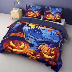 Halloween Collection Duvet Cover Set 3 Piece Set Jack O Lantern Pumpkin Super Soft Skin-friendly Long-lasting