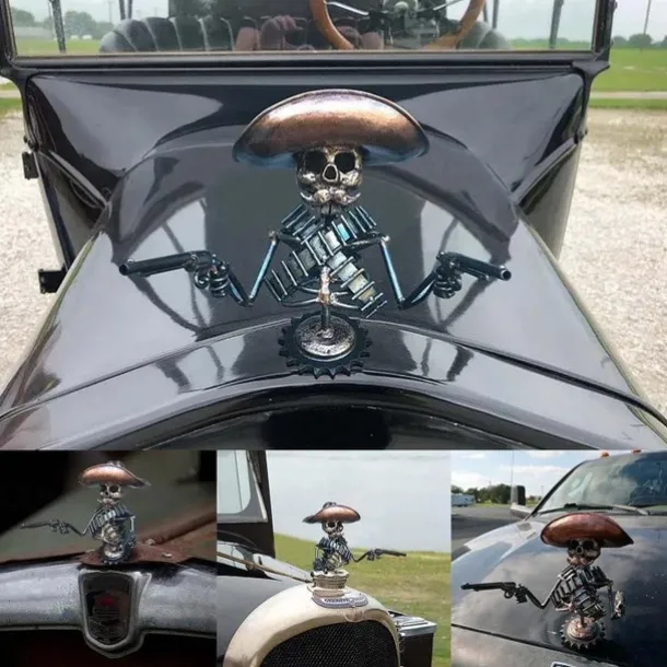 Halloween Cowboy Skull Gunslinger Hood Metal Skull Hood Ornament - Skeleton Statue Decor - Metal Skeleton Car Hood Ornaments Skeleton Statue Handmade Cast Cowboy For House Door