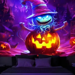 Halloween Decorations Blacklight Tapestry Jack O Lantern UV Reactive Glow in the Dark Glow Party Psychedelic Trippy Misty Hanging Tapestry Wall Art Mural for Living Room Bedroom