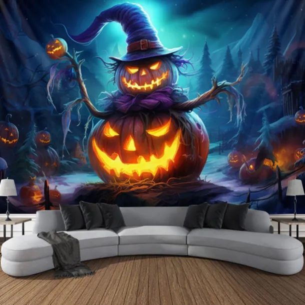 Halloween Decorations Blacklight Tapestry Jack O Lantern UV Reactive Glow in the Dark Glow Party Psychedelic Trippy Misty Hanging Tapestry Wall Art Mural for Living Room Bedroom