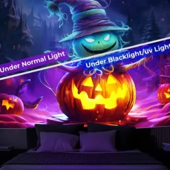 Halloween Decorations Blacklight Tapestry Jack O Lantern UV Reactive Glow in the Dark Glow Party Psychedelic Trippy Misty Hanging Tapestry Wall Art Mural for Living Room Bedroom