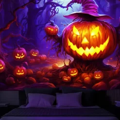 Halloween Decorations Blacklight Tapestry Jack O Lantern UV Reactive Glow in the Dark Glow Party Psychedelic Trippy Misty Hanging Tapestry Wall Art Mural for Living Room Bedroom