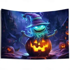 Halloween Decorations Blacklight Tapestry Jack O Lantern UV Reactive Glow in the Dark Glow Party Psychedelic Trippy Misty Hanging Tapestry Wall Art Mural for Living Room Bedroom