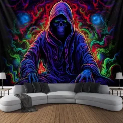 Halloween Decorations Blacklight Tapestry UV Reactive Glow in the Dark Glow Party Neon Ghost Psychedelic Trippy Misty Hanging Tapestry Wall Art Mural for Living Room Bedroom