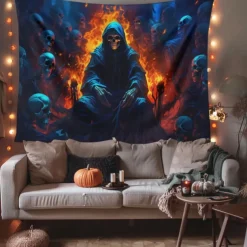 Halloween Decorations Green Skulls Hanging Tapestry Wall Art Large Tapestry Mural Decor Photograph Backdrop Blanket Curtain Home Bedroom Living Room