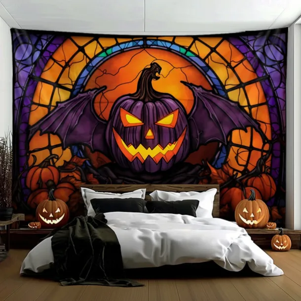 Halloween Decorations Hanging Tapestry Stained Glass Pumpkin Bat Wall Art Large Tapestry Mural Decor Photograph Backdrop Blanket Curtain Home Bedroom Living Room