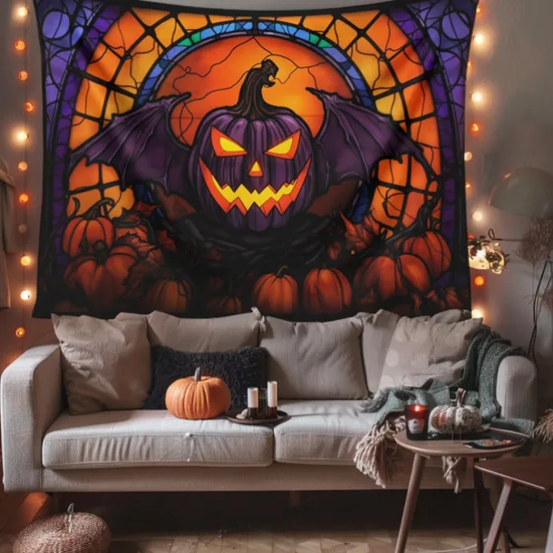 Halloween Decorations Hanging Tapestry Stained Glass Pumpkin Bat Wall Art Large Tapestry Mural Decor Photograph Backdrop Blanket Curtain Home Bedroom Living Room