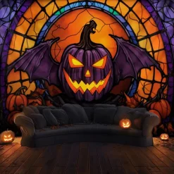 Halloween Decorations Hanging Tapestry Stained Glass Pumpkin Bat Wall Art Large Tapestry Mural Decor Photograph Backdrop Blanket Curtain Home Bedroom Living Room