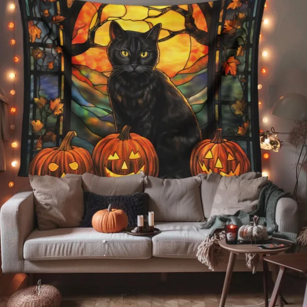 Halloween Decorations Hanging Tapestry Stained Glass Pumpkin Bat Wall Art Large Tapestry Mural Decor Photograph Backdrop Blanket Curtain Home Bedroom Living Room