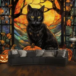 Halloween Decorations Hanging Tapestry Stained Glass Pumpkin Bat Wall Art Large Tapestry Mural Decor Photograph Backdrop Blanket Curtain Home Bedroom Living Room