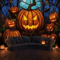 Halloween Decorations Hanging Tapestry Stained Glass Pumpkin Bat Wall Art Large Tapestry Mural Decor Photograph Backdrop Blanket Curtain Home Bedroom Living Room