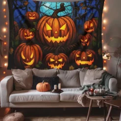 Halloween Decorations Hanging Tapestry Stained Glass Pumpkin Bat Wall Art Large Tapestry Mural Decor Photograph Backdrop Blanket Curtain Home Bedroom Living Room