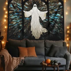 Halloween Decorations Hanging Tapestry Stained Glass Pumpkin Bat Wall Art Large Tapestry Mural Decor Photograph Backdrop Blanket Curtain Home Bedroom Living Room