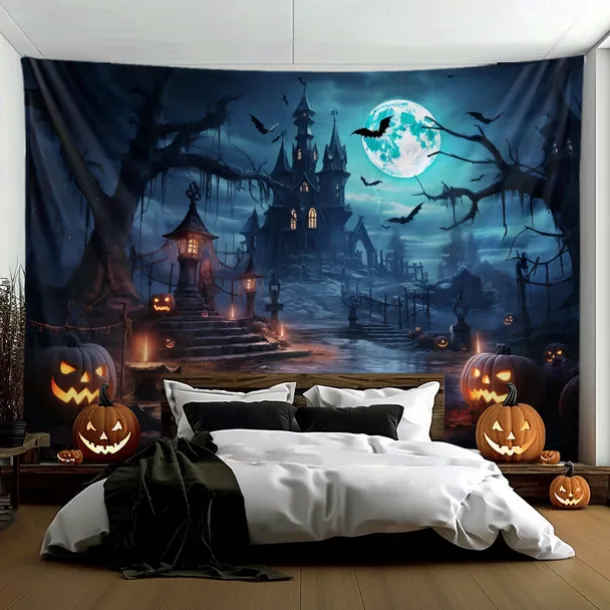 Halloween Decorations Hanging Tapestry Jack O Lantern Pumpkin Graveyard Wall Art Large Tapestry Mural Decor Photograph Backdrop Blanket Curtain Home Bedroom Living Room