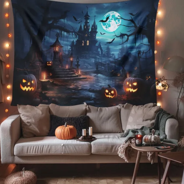 Halloween Decorations Hanging Tapestry Jack O Lantern Pumpkin Graveyard Wall Art Large Tapestry Mural Decor Photograph Backdrop Blanket Curtain Home Bedroom Living Room