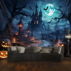 Halloween Decorations Hanging Tapestry Jack O Lantern Pumpkin Graveyard Wall Art Large Tapestry Mural Decor Photograph Backdrop Blanket Curtain Home Bedroom Living Room
