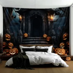 Halloween Decorations Hanging Tapestry Jack O Lantern Pumpkin Graveyard Wall Art Large Tapestry Mural Decor Photograph Backdrop Blanket Curtain Home Bedroom Living Room
