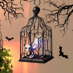 Halloween Decorations Indoor Outdoor, Halloween Hanging Cage Glowing Skeleton Cat, Halloween Cage Prop Skeleton Cat Decoration, Hanging Decor for Haunted House