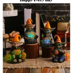 Halloween Decorations Light Up Pumpkin Lantern Elf Resin Craft Decoration Home Desktop Luminous Goblin Doll Decoration LED Night Light Holiday Party Decoration Light 1PC