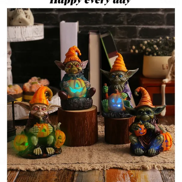 Halloween Decorations Light Up Pumpkin Lantern Elf Resin Craft Decoration Home Desktop Luminous Goblin Doll Decoration LED Night Light Holiday Party Decoration Light 1PC