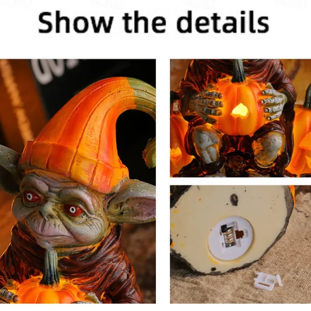 Halloween Decorations Light Up Pumpkin Lantern Elf Resin Craft Decoration Home Desktop Luminous Goblin Doll Decoration LED Night Light Holiday Party Decoration Light 1PC