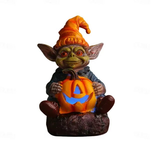 Halloween Decorations Light Up Pumpkin Lantern Elf Resin Craft Decoration Home Desktop Luminous Goblin Doll Decoration LED Night Light Holiday Party Decoration Light 1PC