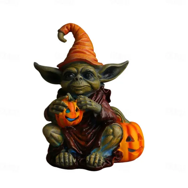 Halloween Decorations Light Up Pumpkin Lantern Elf Resin Craft Decoration Home Desktop Luminous Goblin Doll Decoration LED Night Light Holiday Party Decoration Light 1PC