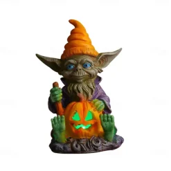 Halloween Decorations Light Up Pumpkin Lantern Elf Resin Craft Decoration Home Desktop Luminous Goblin Doll Decoration LED Night Light Holiday Party Decoration Light 1PC