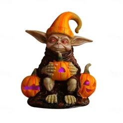 Halloween Decorations Light Up Pumpkin Lantern Elf Resin Craft Decoration Home Desktop Luminous Goblin Doll Decoration LED Night Light Holiday Party Decoration Light 1PC
