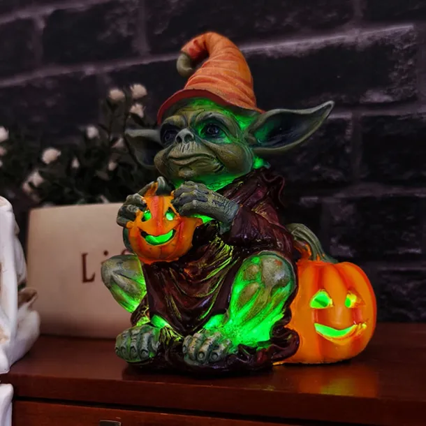Halloween Decorations Light Up Pumpkin Lantern Elf Resin Craft Decoration Home Desktop Luminous Goblin Doll Decoration LED Night Light Holiday Party Decoration Light 1PC