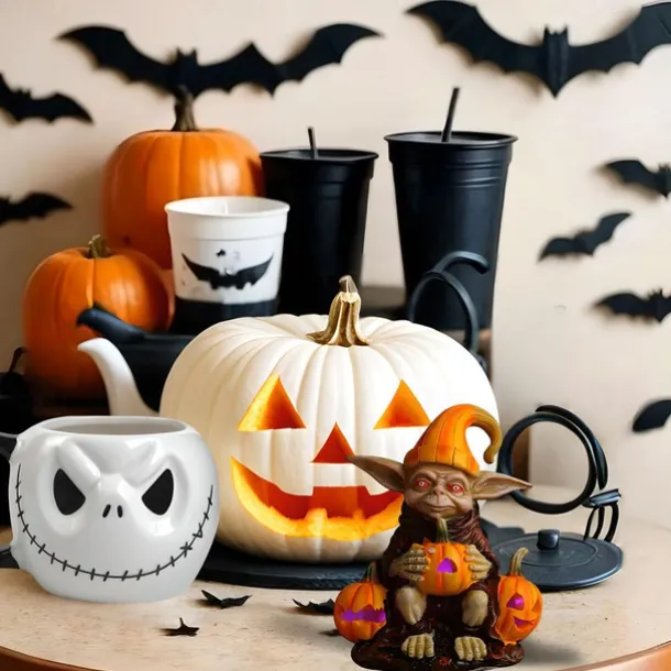 Halloween Decorations Light Up Pumpkin Lantern Elf Resin Craft Decoration Home Desktop Luminous Goblin Doll Decoration LED Night Light Holiday Party Decoration Light 1PC