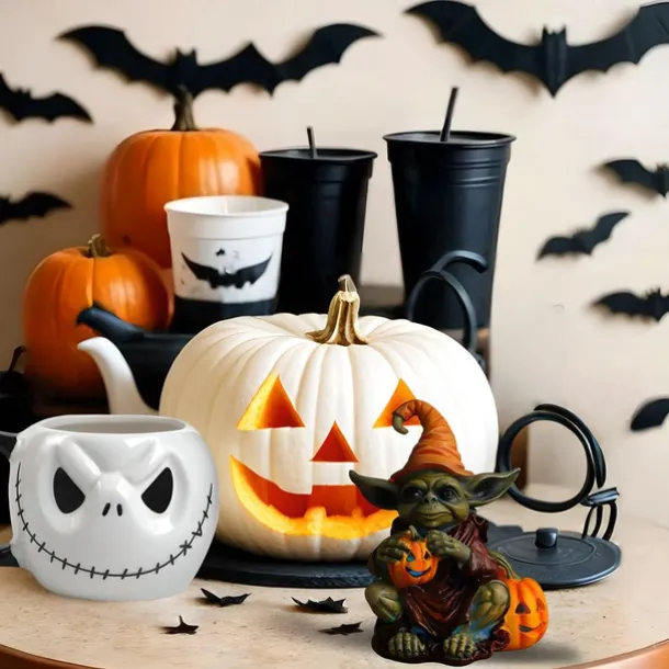 Halloween Decorations Light Up Pumpkin Lantern Elf Resin Craft Decoration Home Desktop Luminous Goblin Doll Decoration LED Night Light Holiday Party Decoration Light 1PC