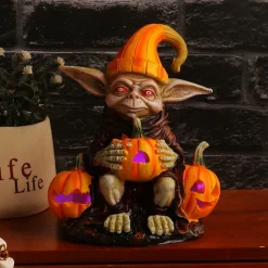 Halloween Decorations Light Up Pumpkin Lantern Elf Resin Craft Decoration Home Desktop Luminous Goblin Doll Decoration LED Night Light Holiday Party Decoration Light 1PC