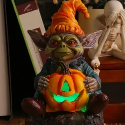 Halloween Decorations Light Up Pumpkin Lantern Elf Resin Craft Decoration Home Desktop Luminous Goblin Doll Decoration LED Night Light Holiday Party Decoration Light 1PC