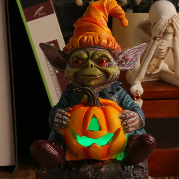 Halloween Decorations Light Up Pumpkin Lantern Elf Resin Craft Decoration Home Desktop Luminous Goblin Doll Decoration LED Night Light Holiday Party Decoration Light 1PC