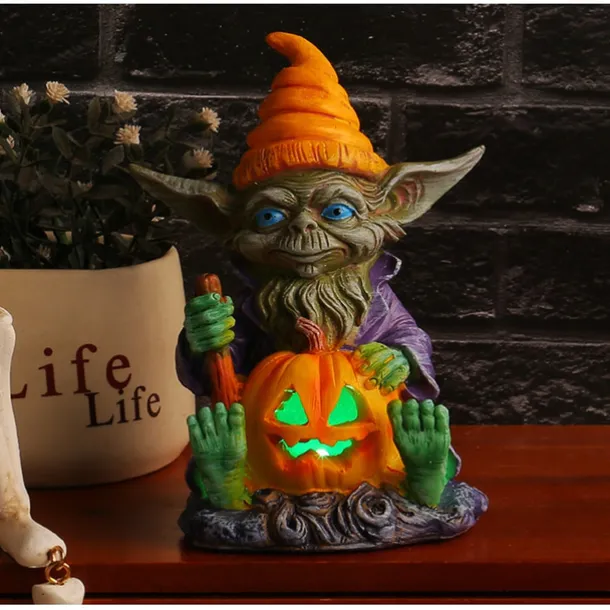 Halloween Decorations Light Up Pumpkin Lantern Elf Resin Craft Decoration Home Desktop Luminous Goblin Doll Decoration LED Night Light Holiday Party Decoration Light 1PC