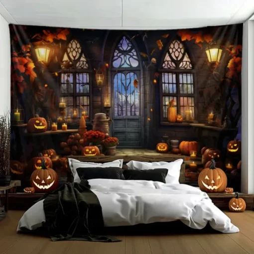 Halloween Decorations Pumpkins Window Hanging Tapestry Wall Art Large Tapestry Mural Decor Photograph Backdrop Blanket Curtain Home Bedroom Living Room Decoration