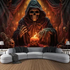 Halloween Decorations Tapestry Jack O Lantern Pumpkin Decor Wall Art Large Hanging Tapestry Mural Decor Photograph Backdrop Blanket Curtain Home Bedroom Living Room Skeleton Death