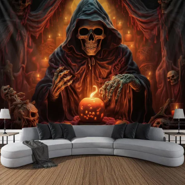 Halloween Decorations Tapestry Jack O Lantern Pumpkin Decor Wall Art Large Hanging Tapestry Mural Decor Photograph Backdrop Blanket Curtain Home Bedroom Living Room Skeleton Death