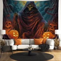 Halloween Decorations Tapestry Jack O Lantern Pumpkin Decor Wall Art Large Hanging Tapestry Mural Decor Photograph Backdrop Blanket Curtain Home Bedroom Living Room Skeleton Death