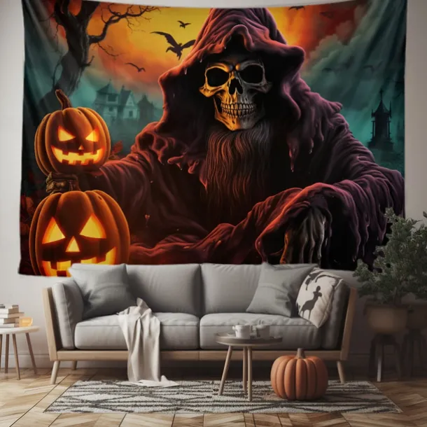 Halloween Decorations Tapestry Jack O Lantern Pumpkin Decor Wall Art Large Hanging Tapestry Mural Decor Photograph Backdrop Blanket Curtain Home Bedroom Living Room Skeleton Death